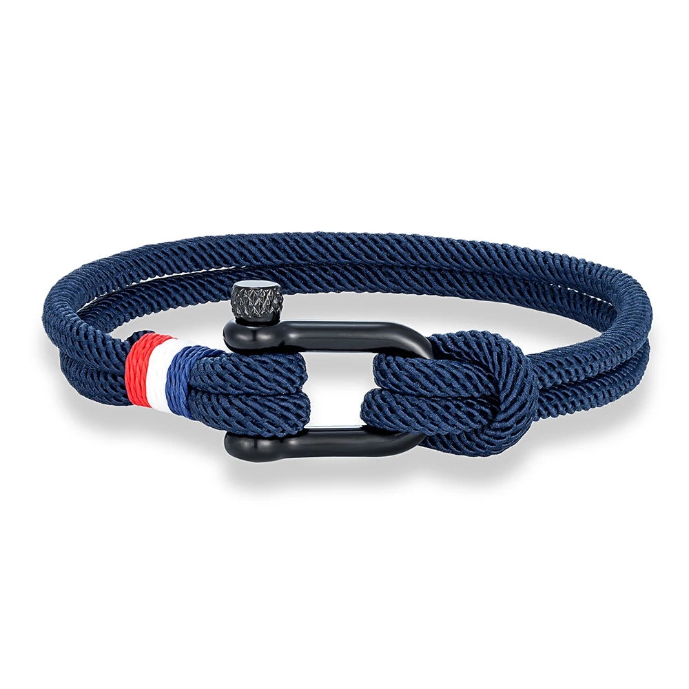 MKENDN Stainless Steel U-Shape Shackle Buckle Bracelet Men Women Handmade Woven Double-Layer Design France Flag Couple Jewelry