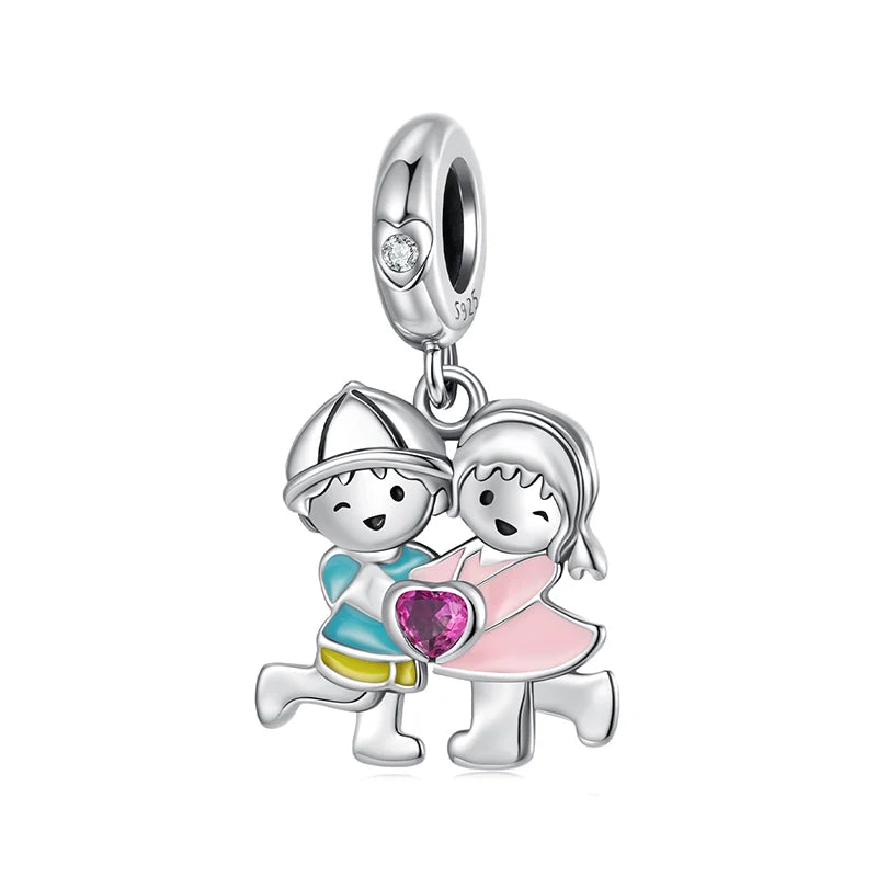 BAMOER 925 Sterling Silver Family Boy&Girl Charm Pendant fit Original Bracelet DIY Jewelry Accessories bamoer Beads