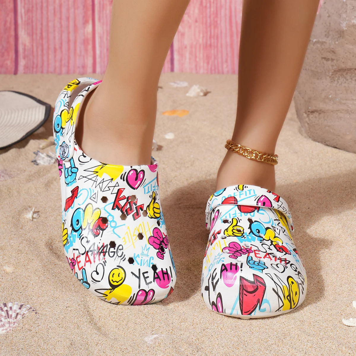 Women's Trendy Graffiti Pattern Clogs, Casual Hollow Out Design Garden Shoes, Comfortable Slip On Beach Slides