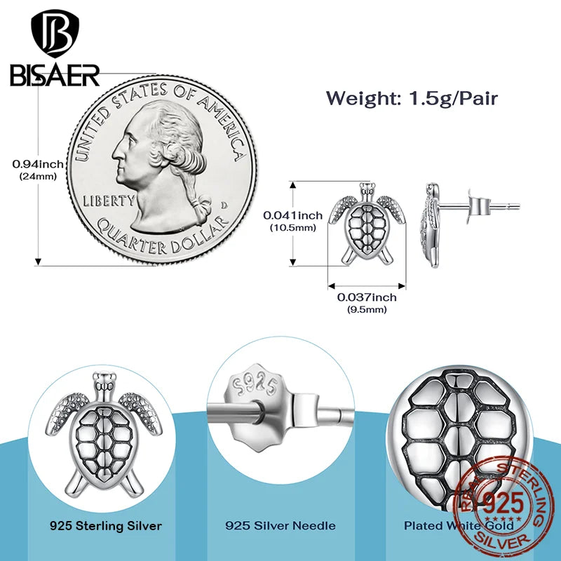 BISAER 925 Sterling Silver Cute Mini Turtle Stud Earrings Stud Ear Hypoallergenic for Women Party Fine Jewelry Vacation Gifts
