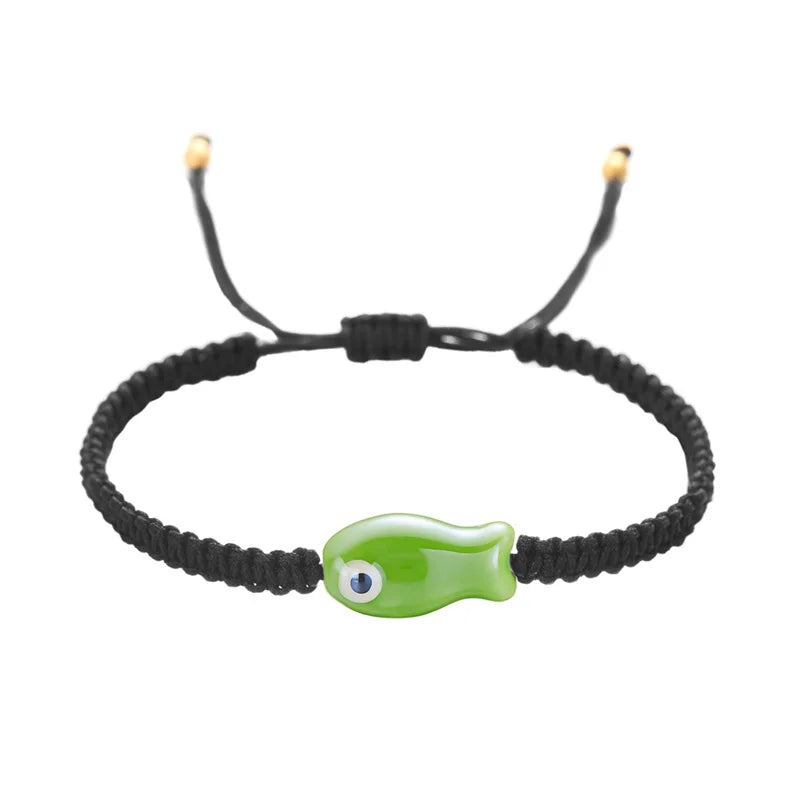 Handgeflochtenes schwarzes Seilarmband für Damen, bunte Keramikfische, verstellbares geflochtenes Armband, böhmischer Freundschaftsschmuck