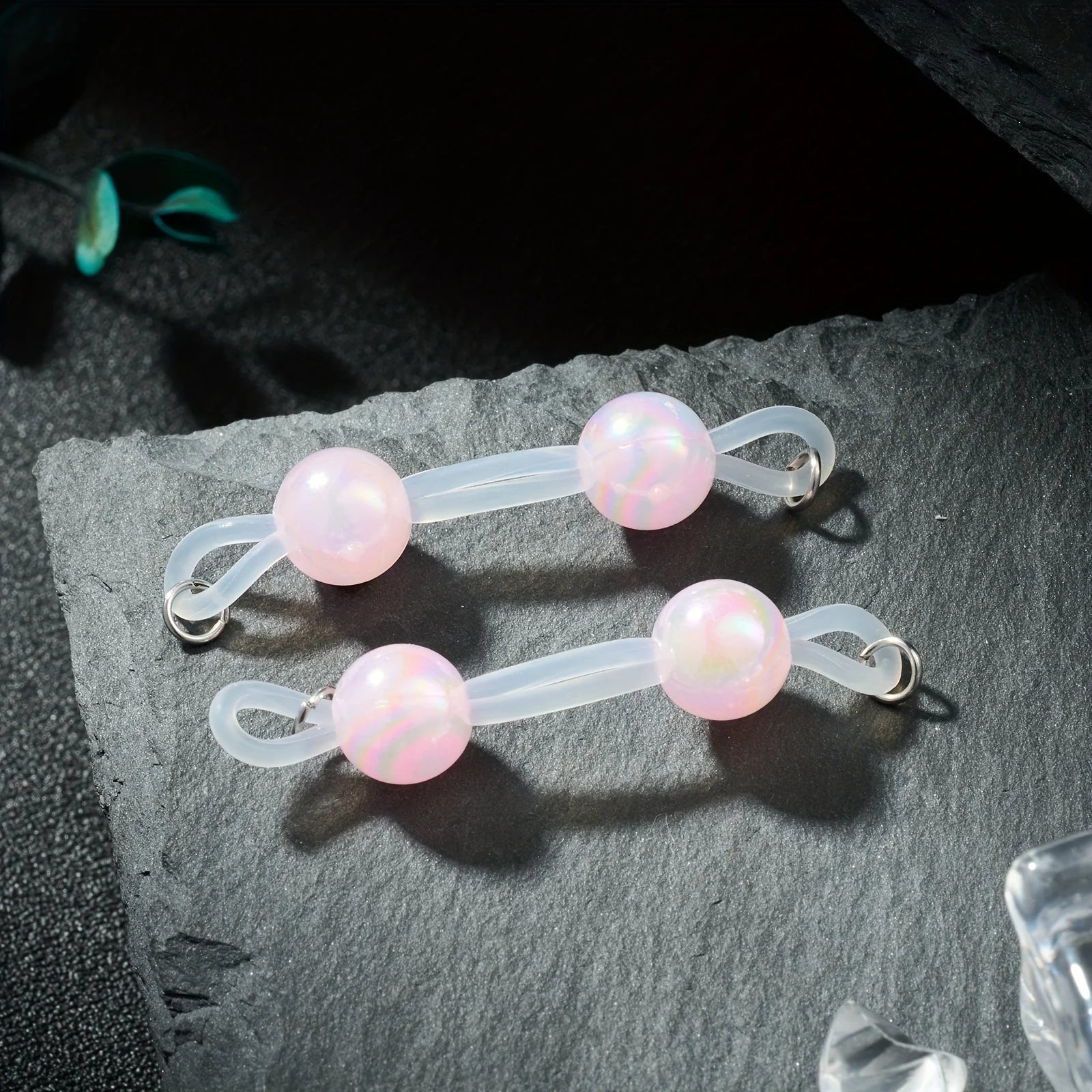 No-Piercing Bead Chains - Pastel Purple, Pink, Iridescent Pink/Blue/Purple/, Adjustable Silicone Rings, Clip-On Jewelry