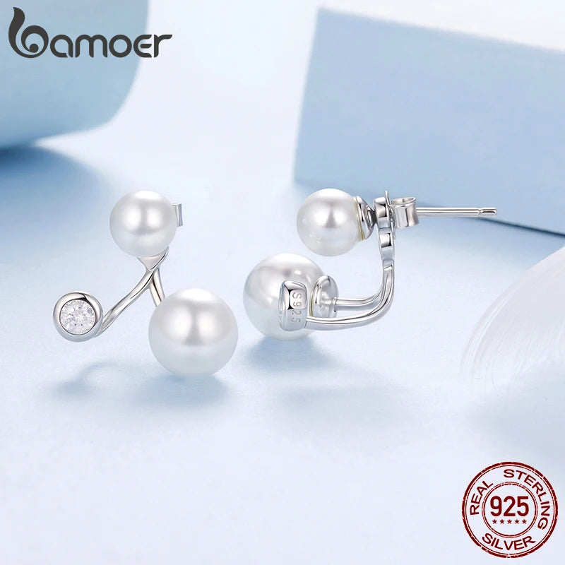BAMOER 925 Sterling Silver Front-Back Pearl Stud Earrings, Plated White Gold X Shape Piercing CZ Earrings for Elegant Women Gift