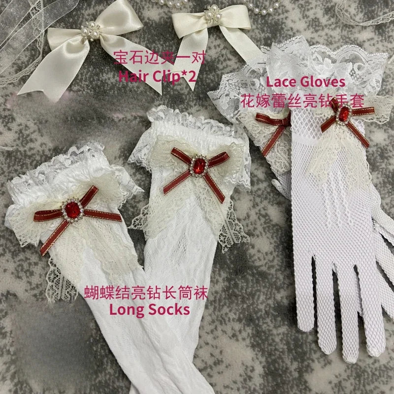 Japanisches Sweet Lolita Prinzessinnenkleid für Damen, elegant im Vintage-Stil mit Schleife, schulterfrei, aus Spitze, Mesh und Perlen, Abendkleid für Partys, Lolita-Kleidung