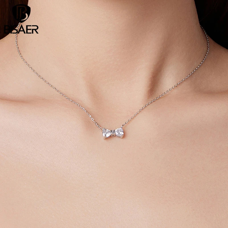 BISAER Bow Pendant Necklace 925 Sterling Silver Bow-knot Adjustable Chain Plated White Gold for Wenmen Party Fine Jewelry Gift