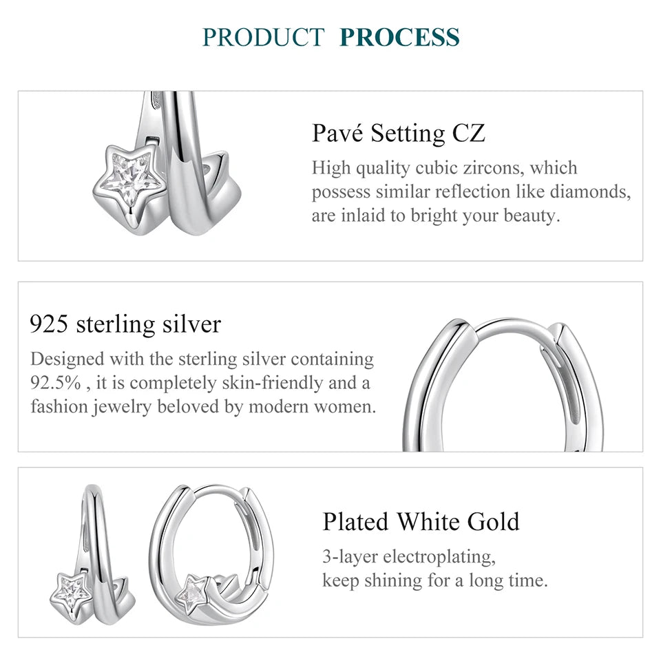 WOSTU Sterling Silver Star Huggies Earrings for Women, Minimalist CZ Hoop Earring Dainty Circle Ear Jewelry Gift for Girl