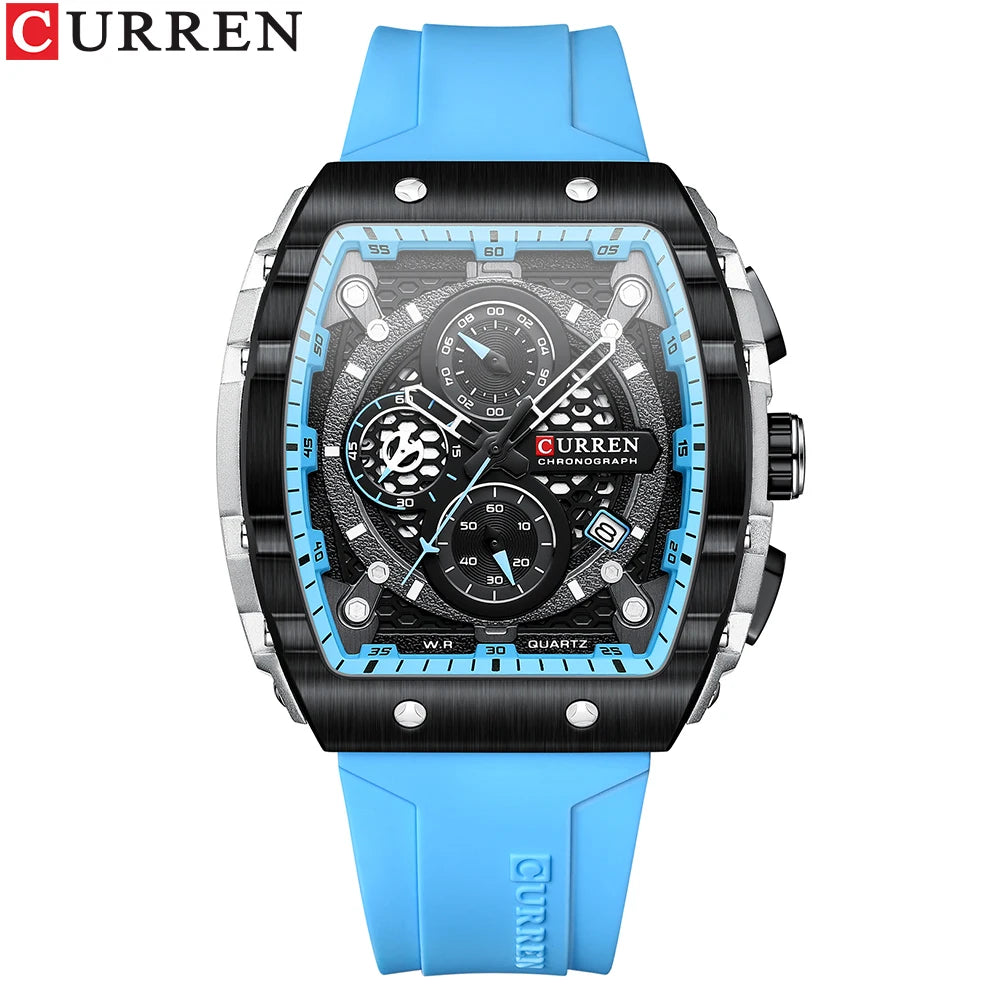 Montres de sport CURREN uniques, rectangulaires, avec grand cadran, mouvement à quartz, bracelet en silicone et date automatique.
