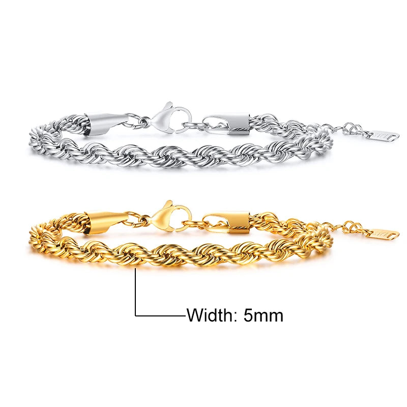 Vnox Unisex Rope Chain Bracelets for Men Women, Stainless Steel Twisted Links Chain Bracelet,Simple Classic Jewelry Gift for Him - Madeinsea©
