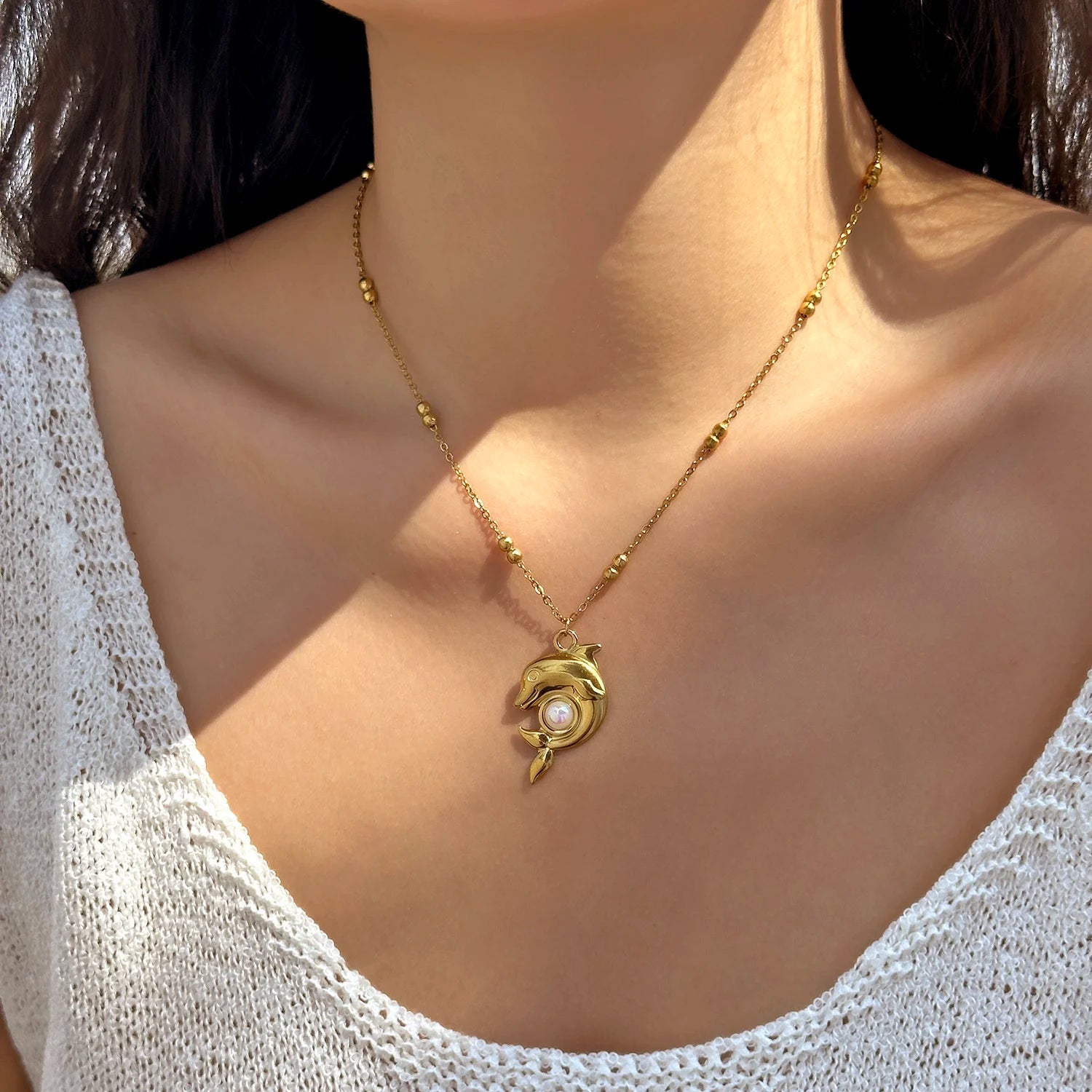 Stainless Steel Ocean Series Necklace for Women Gold Color Textured Starfish Conch Dolphin Pendant Choker Beach Party Jewelry