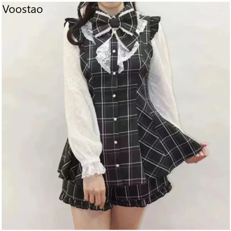 Vintage Lolita Plaid Bow Dress Shorts Set Women Gothic Cross Lace Ruffles Shirt Party Dress 2 Piece Sets Japanese Y2k Outfits