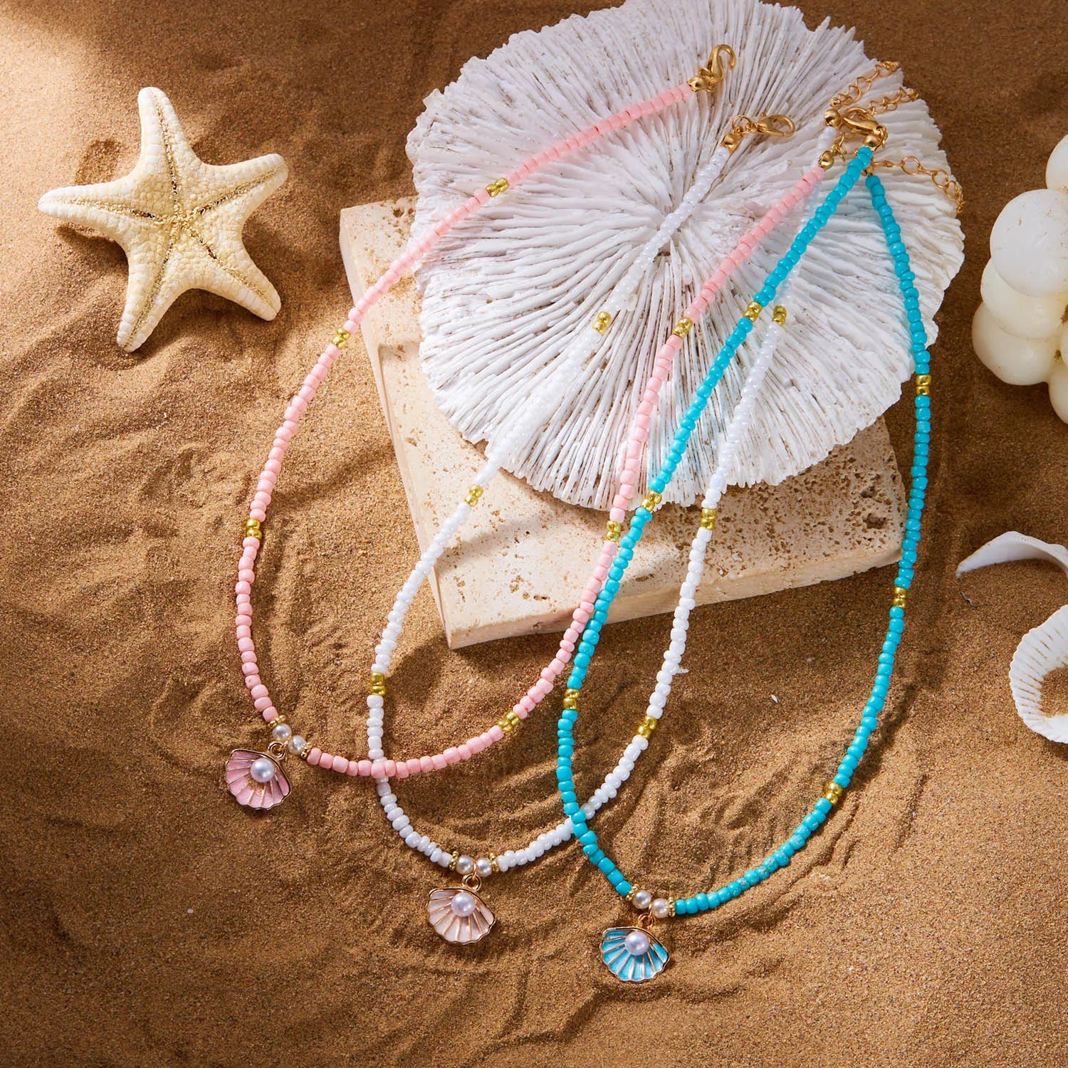 Boho Bohemian Sea Shell Starfish Pendant Necklaces For Women Double Layered Tortoise Imitation Pearl Bead Chain Beach Jewelry