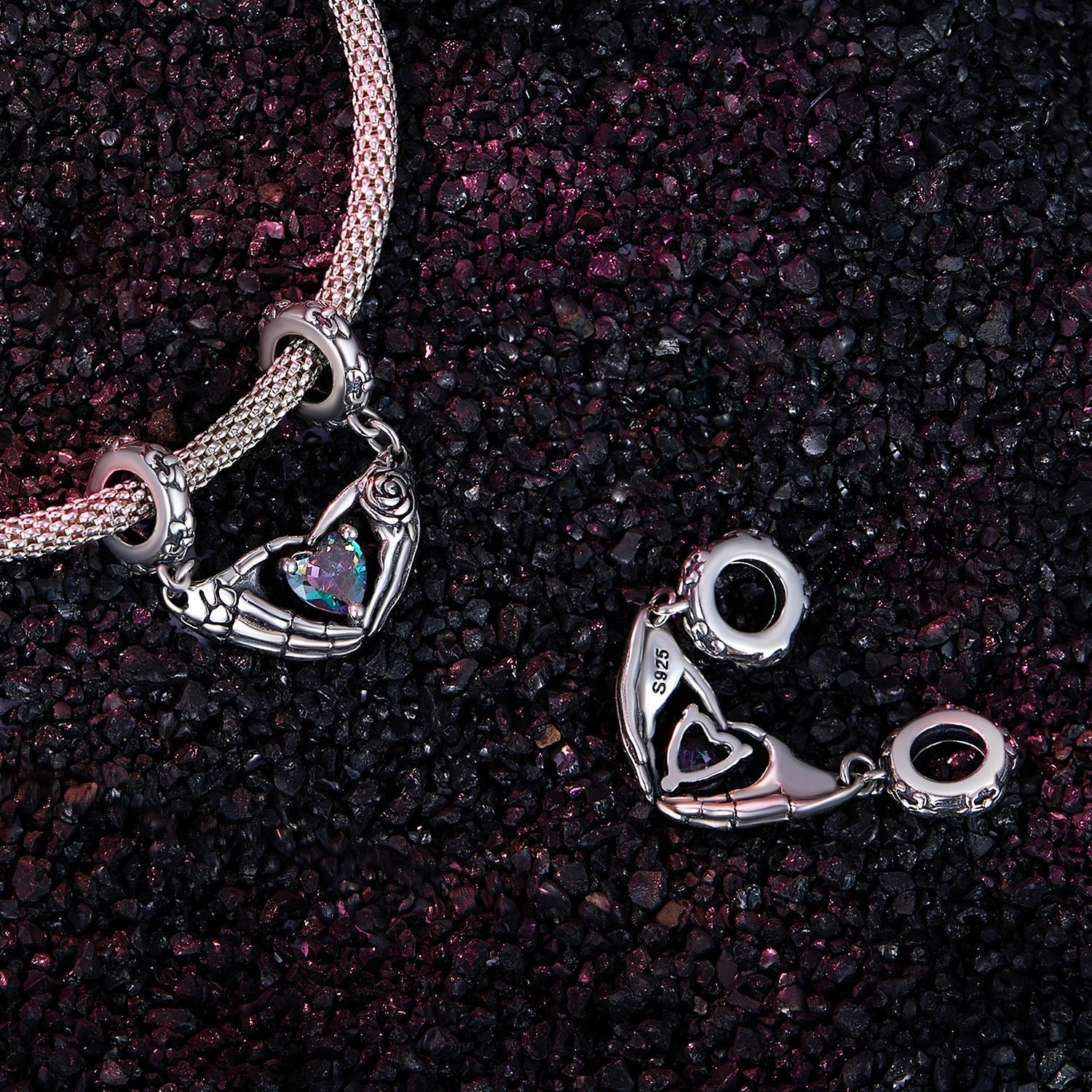 WOSTU 925 Sterling Silver Punk Vintage Skull Charm Bead Butterfly Pendant Heart Hand Safty Chain Fit DIY Bracelet Jewelry Making