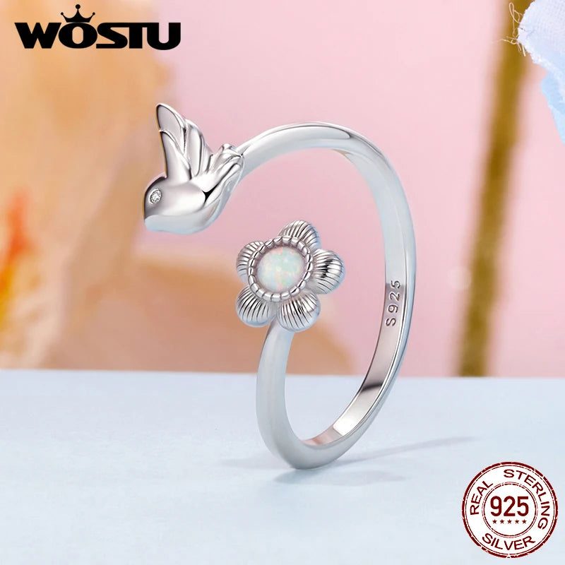 WOSTU 925 Sterling Silver Opal Gems Flower & Bird Open Ring al Flowers Stud Earrings For Women Party Jewelry Set Mom's Family Gi