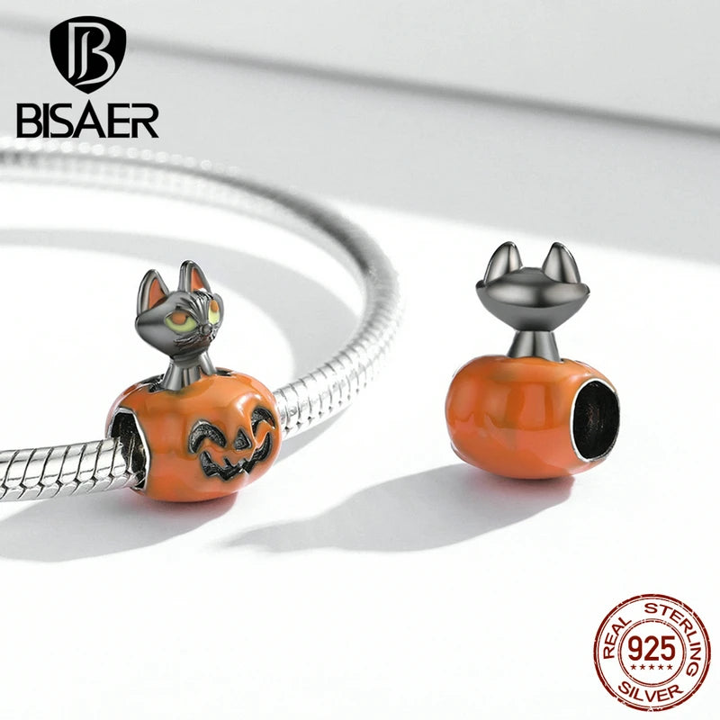 BISAER Halloween Series 100% 925 Sterling Silver Charm Skull Ghost Pumpkin Witch Bead pour Femme Bracelet Fine Jewelry ECC1955