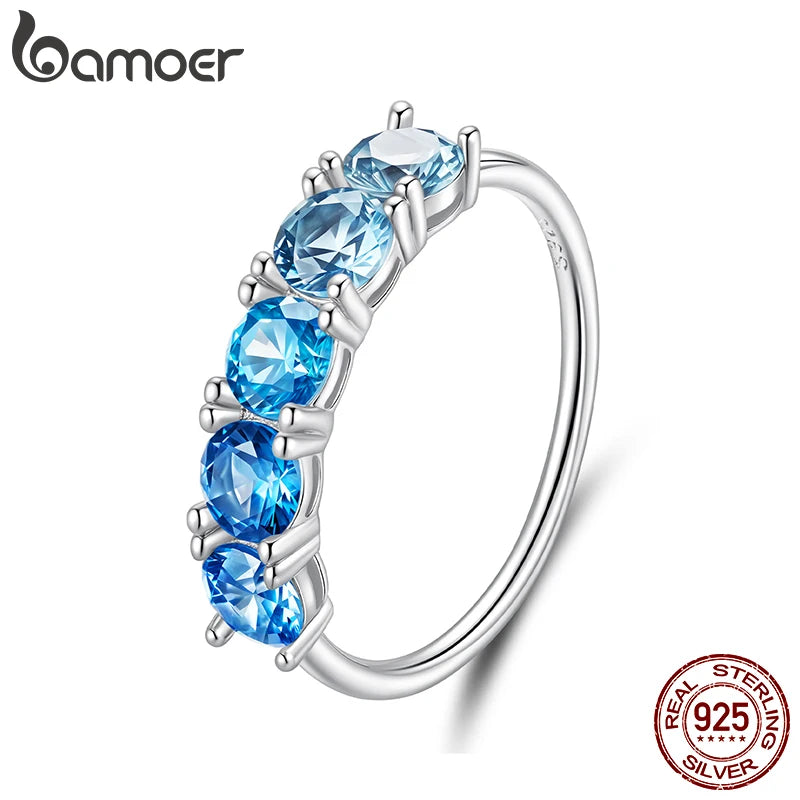 BAMOER 925 Sterling Silber Transparenter, meerblauer runder Halb-Ewigkeitsring mit Zirkonia-Besatz – das perfekte Geschenk für Damen und Teenager zum Geburtstag oder zur Party