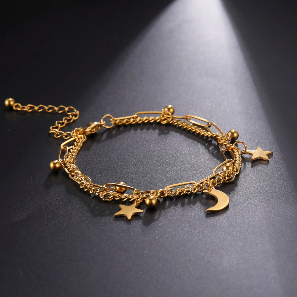 Star Moon Pendant Double Chain Bracelets Women's Stainless Steel Bracelets Trendy Jewelry for Lover Anniversary Gifts