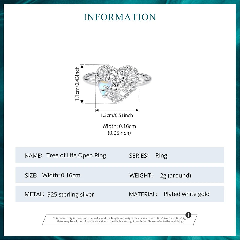 BAMOER 925 Sterling Silber Ring „Baum des Lebens“, offener Ring mit Mondstein und herzförmigem Motiv, originelles Schmuckgeschenk für Familie und Freunde – ein perfektes Geschenk für jeden Tag