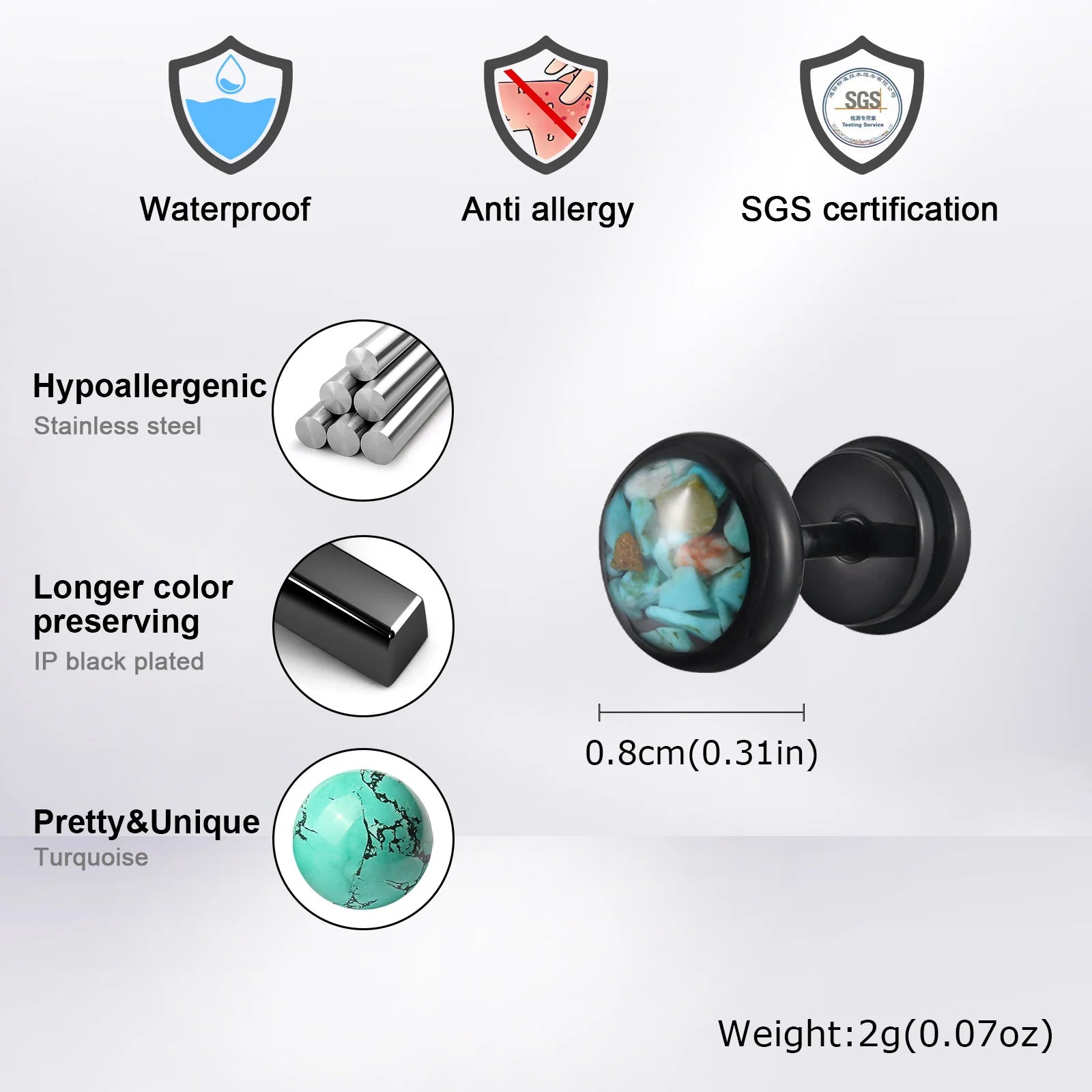 Vnox Irregular Turquoise Stones Stud Earrings for Women Men, Clear Enamel Round Small Earrings,Stainless Steel Ear Jewelry