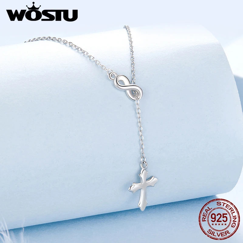 WOSTU 925 Sterling Silver infinite love Faith Cross Y Chain Necklace For Women European Simple Jewelry Gift Pendant Necklaces
