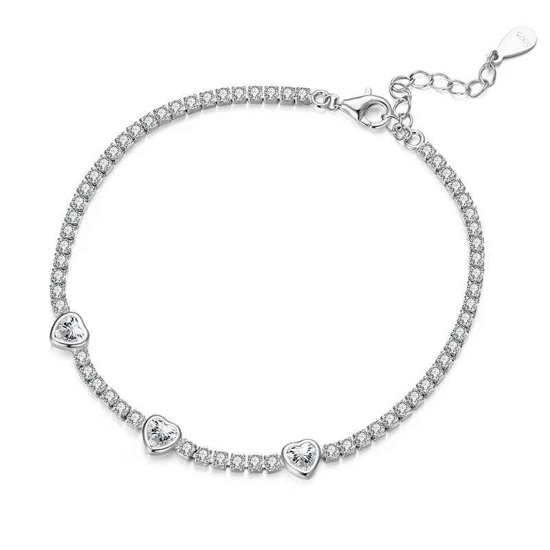 BAMOER 925 Sterling Silver Elegant Heart Bracelets for Women, AAAAA+ CZ Adjustable Chain Tennis Bracelet Jewelry Gifts BSB208