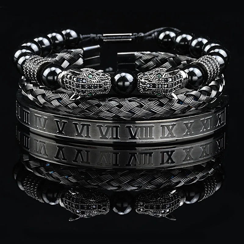 Luxury Black Stone Beads Leopard Head Man Bracelet Enamel Stainless Steel Roman Bangles Women Jewelry Set