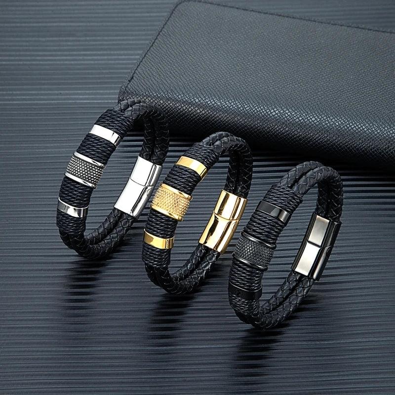 MKENDN Fashion Men Braided Genuine Black Leather Bracelet Stainless Steel Magnetic Buckle Bracelet Gifts Homme Pulseras