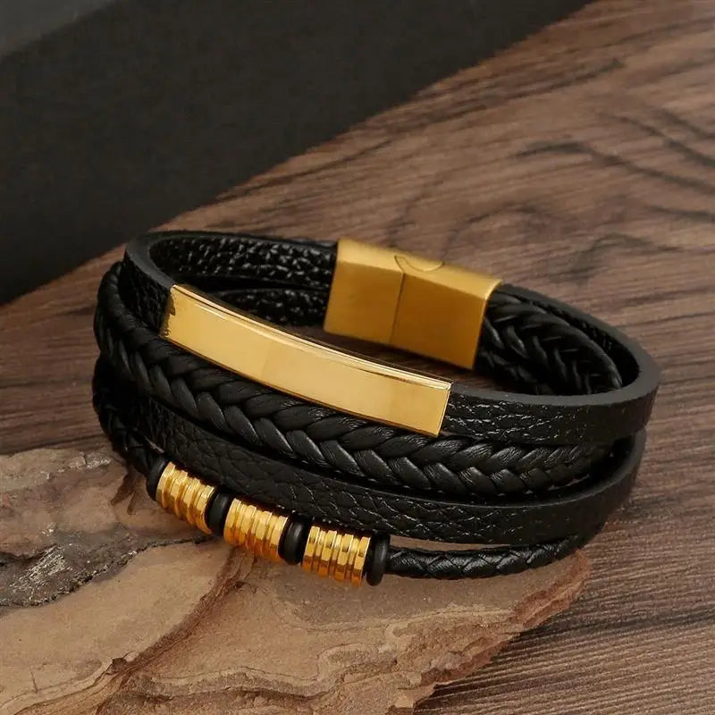 Punk Men Leather Bracelet with Stainless Steel Magnetic Clasp Braided Mutilayer Leather Wrapping Bangles Man Jewelry Gift