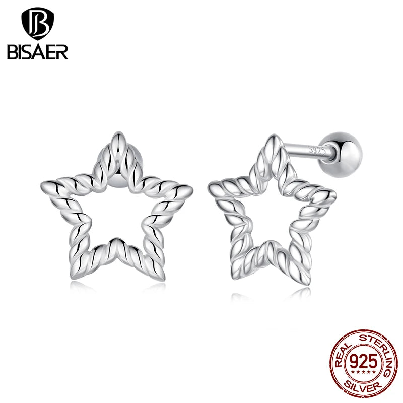 BISAER 925 Sterling Silver Star Stud Earrings Minimalist Stars Earrings Plated White Gold for Women Party Original Fine Jewelry