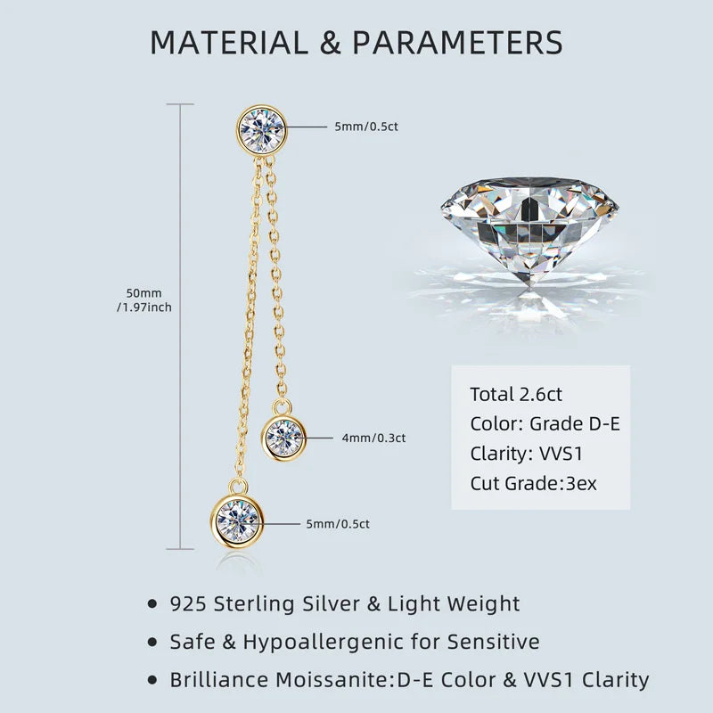 OXTAO Long Tassel Double Chain Earrings 925 Sterling Silver Round Cut Bezel Set D Color Moissanite Drop Earrings Jewelry Gift