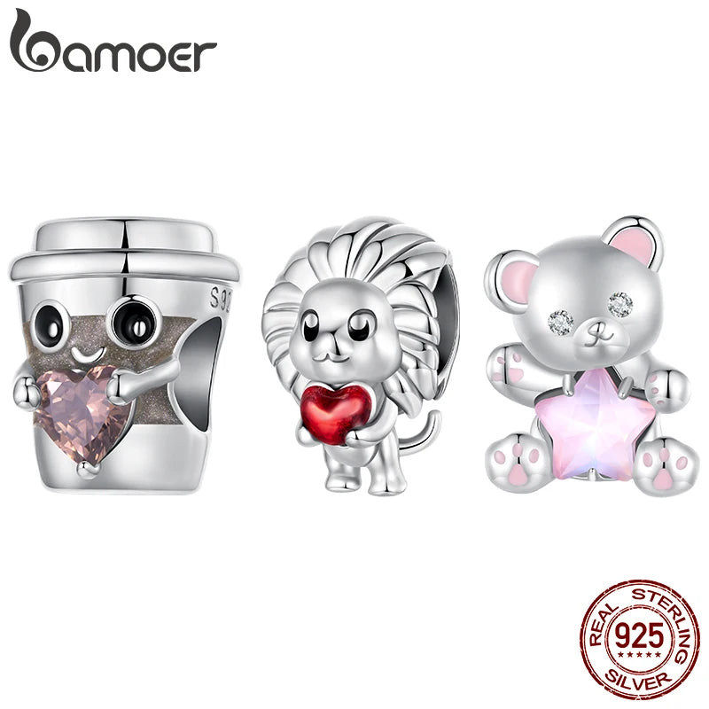 Bamoer Löwenanhänger aus 925er Sterlingsilber mit rotem Herz und Zirkonia-Perlen – niedliche Tierperlen für Damenarmbänder, DIY-Geschenkidee