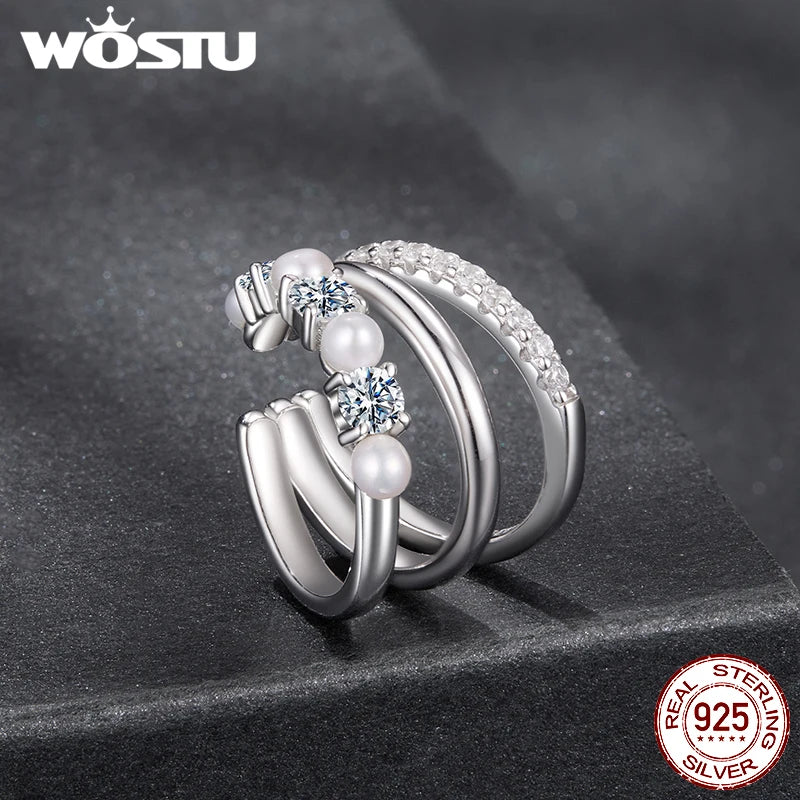 WOSTU Multi Layer Natural Pearl Moissanite Ear Cuff For Women, 925 Sterling Silver Lab Diamond Engagement Jewelry Birthday  Gift