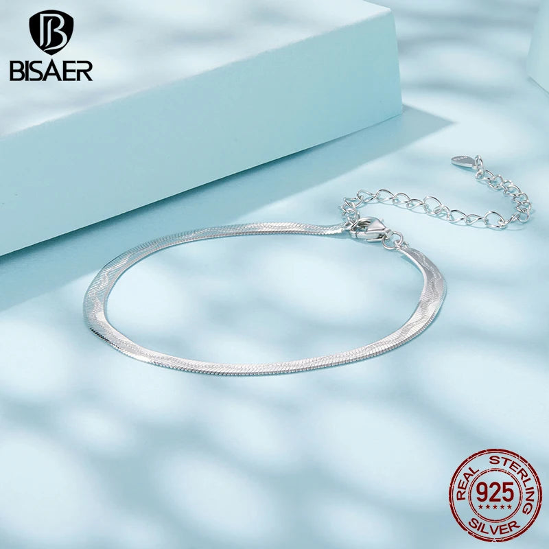 BISAER Wide Snake Bracelet 925 Sterling Silver Dainty Stackable Link Chain Adjustable for Women Trendy Fine Jewelry ECB303