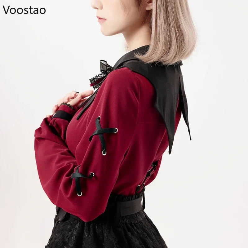 Harajuku Gothic Lolita Shirt Japanese Y2k Aesthetic Bow Lace Hollow Out Bat Collar Long Sleeve Blouse Women Elegant Clothes Tops