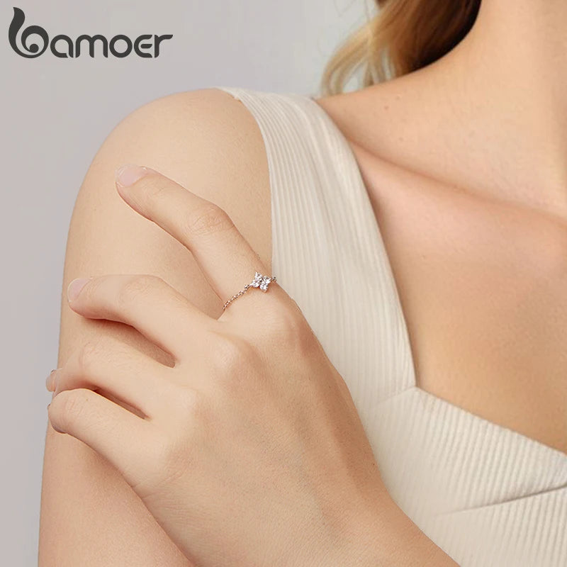 BAMOER 925 Sterling Silver Four Leaf Clover Lucky Chain Ring Adjustable Link Ring with Beads for Women Teen Special Party Gift