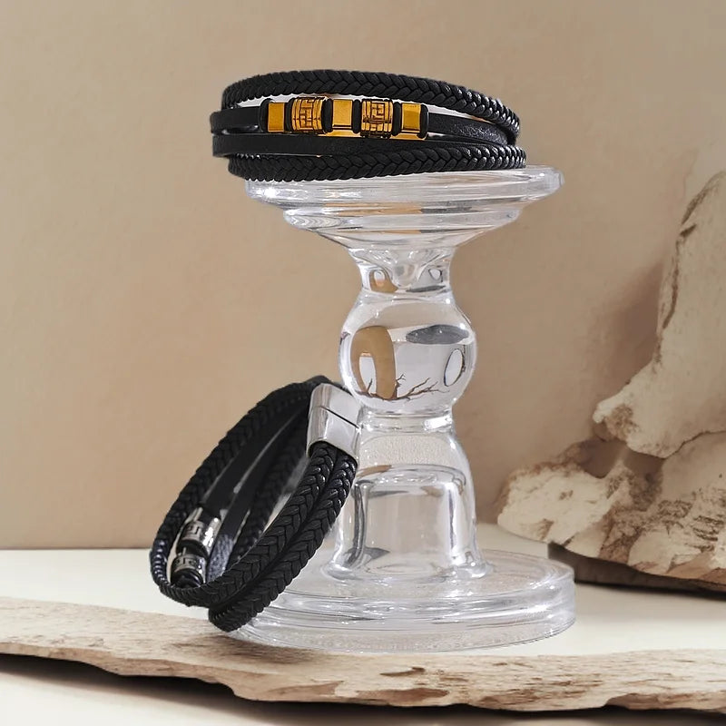 MKENDN Handmade Braided Multi-Layer Leather Bracelet for Men Waterproof Stainless Steel Bracelets Personalized Male Jewelry Gift