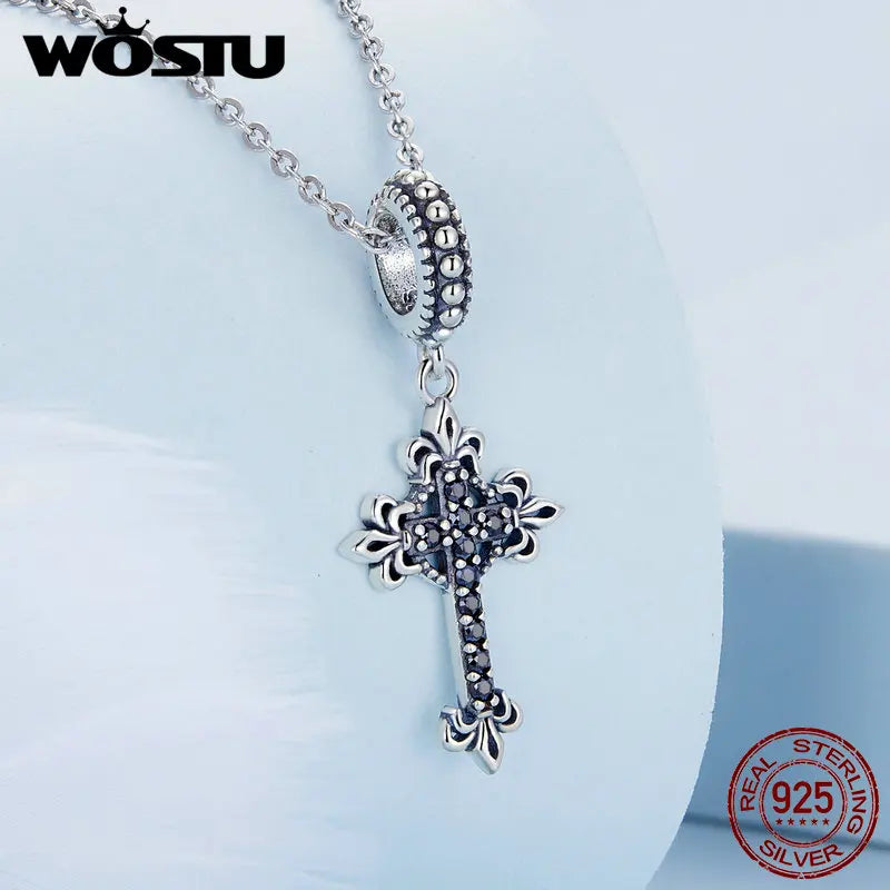 WOSTU 925 Sterling Silver Black Zircon Hollow Cross Charms Pendant Moon Swan Bead Fit Women Bracelet Necklace DIY Jewelry Making