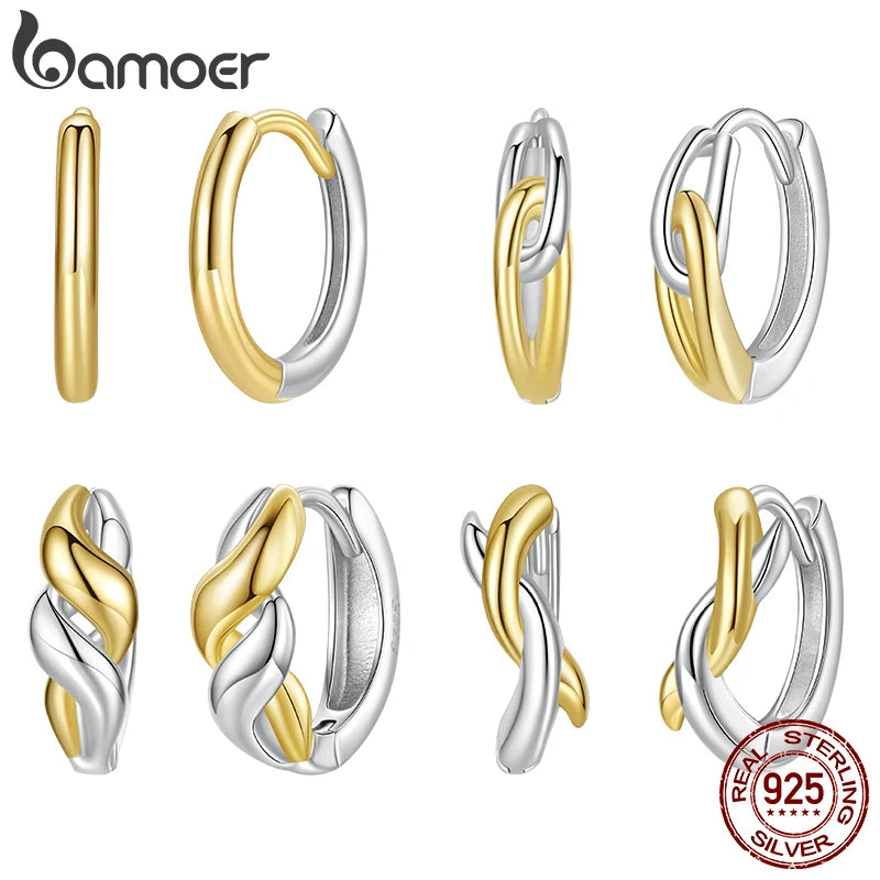 BAMOER 925 Sterling Silver Two Tones Cross Hoop Earrings for Women, Sleek Polished Piercing Huggie Earrings for Women Girl Gift