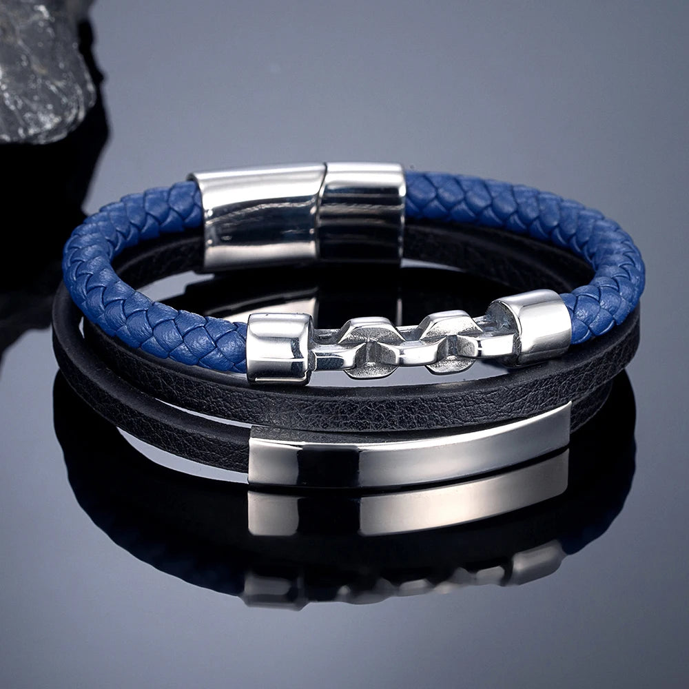 MKENDN Punk Style Multilayer Braided Leather Bracelet Vintage Men Bicycle Chain Bracelet Stainless Steel Easy Buckle Male Gift