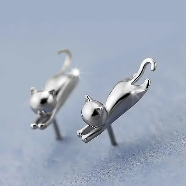 Ensemble de bijoux en argent sterling 925 (poinçon S925) : collier et boucles d'oreilles représentant un adorable chat. Cadeau idéal pour femme ou fille.