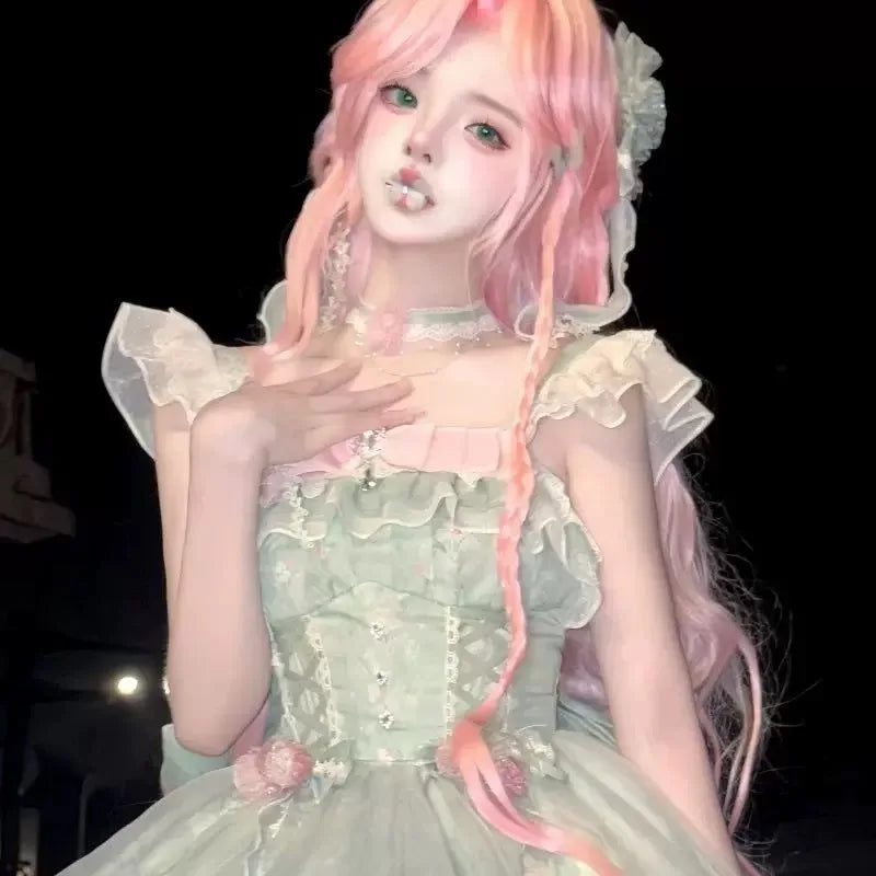 Japanese Sweet Lolita Jsk Dress Women Kawaii Cute Flower Ruffles Bow Trailing Princess Dresses Girl Elegant Y2k Fairy Mini Dress