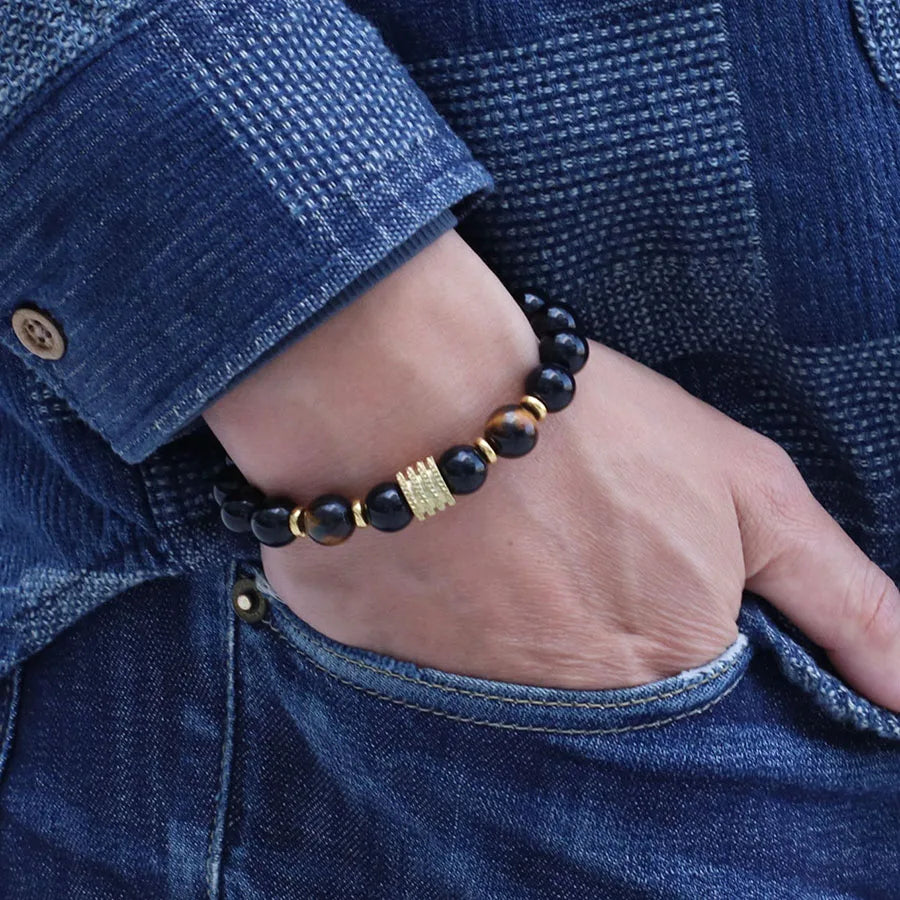 Stylish 10mm Obsidian Stone Energy Bracelet For Men Gold Color Stainless Steel Charm Strand Braslet Hematite Healing Braclet