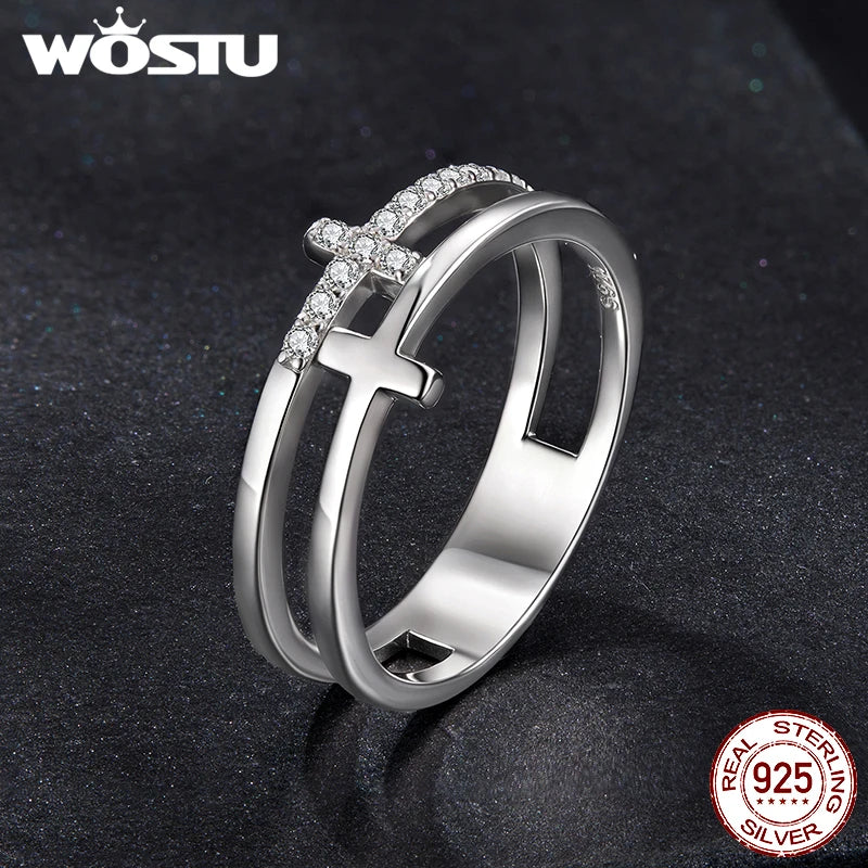 WOSTU Moissanite Double Layer Cross Ring For Women 925 Silver Party Jewelry Lad Diamond Staking Finger Rings Girl Cool Punk Gift