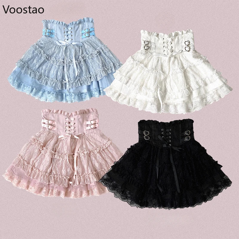 Japanese Sweet Lolita Style Mini Skirt Women Elegant Lace Bandage Party Cake Skirts Female Gothic Y2k Metal Buckle Short Skirt