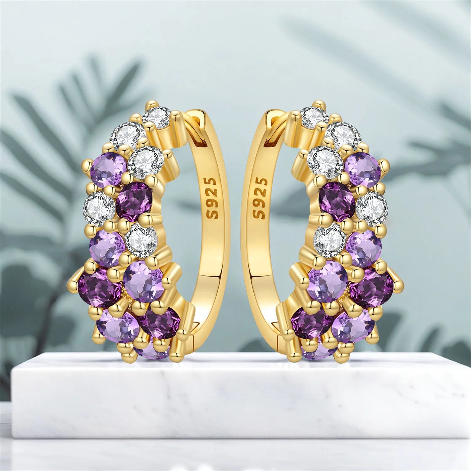 PANPOKI S925 Sterling Silver Purple Gradient Zircon Design Earrings Versatile Hoop Earrings For Women Jewelry Trendy Party Gift
