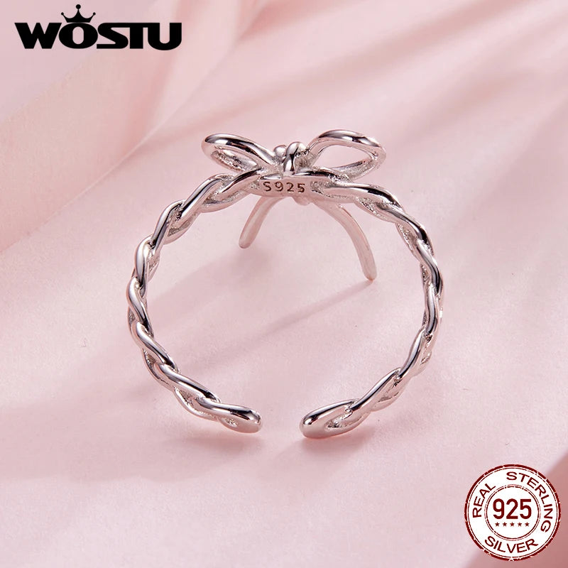 WOSTU 925 Sterling Silver Weaving Bow Ring Elegant Sweet Opening Original for Women Wife Anniversary Birthday Fine Jewelry Gift
