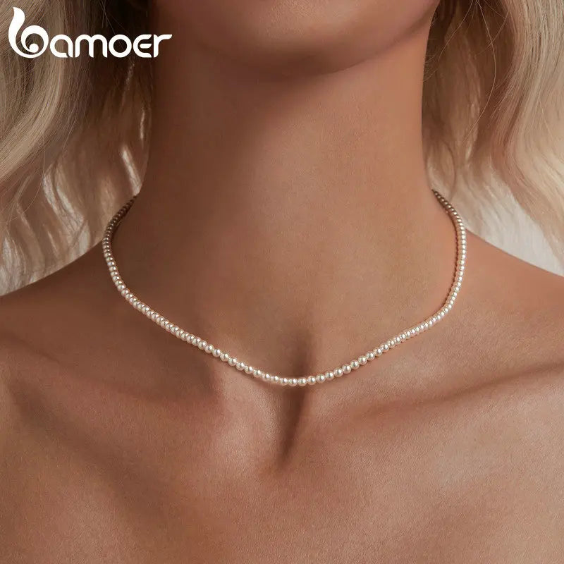 BAMOER Pearl Necklace for Women Shell Pearl Beaded Necklace, 925 Sterling Silver Australian South Sea Pearl Necklace Jewelry