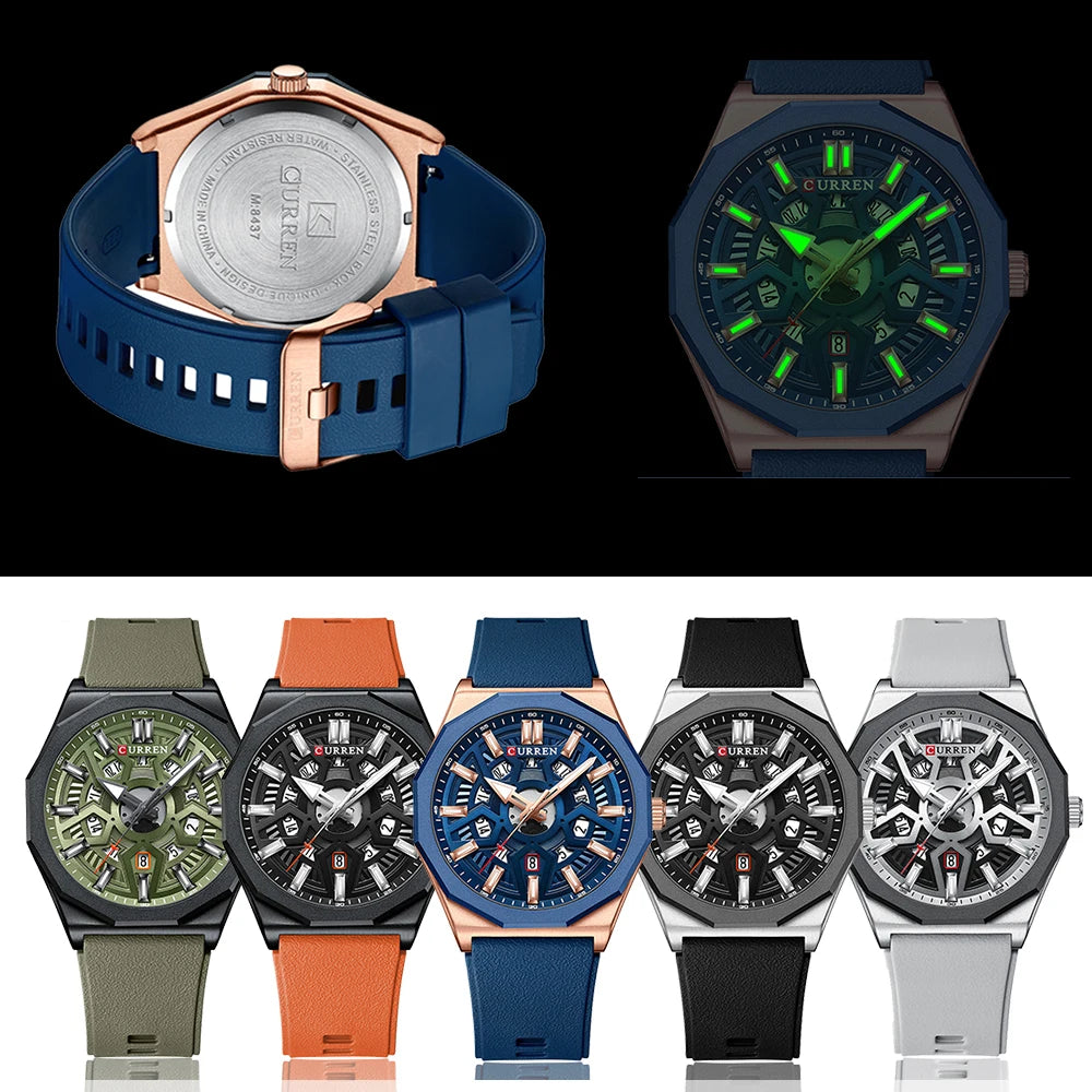 CURREN Fashion Creative Design Watches Men Quartz Silicone Strap Date Wristwatches for Male Clock with Luminous Hands