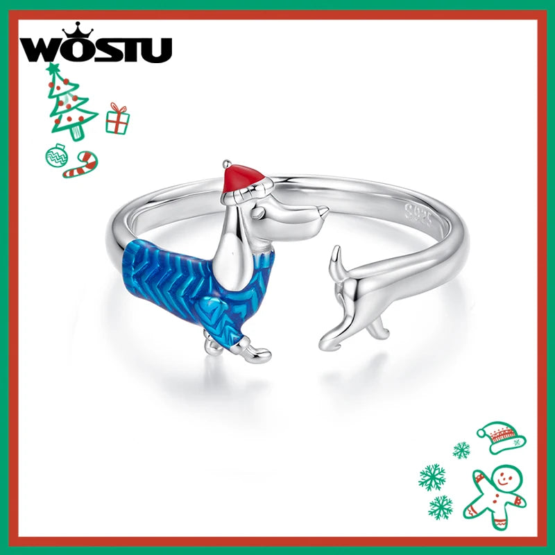 WOSTU 925 Sterling Silver Dachshund Dog Open Ring With Christmas Hat, 925 Sterling Silver Pet Animal Unique Xmas Gift For Her