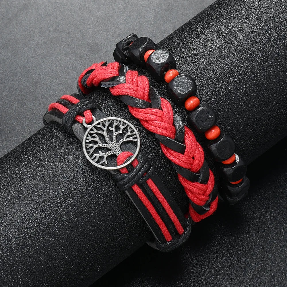 3Pcs/ Set Braided Wrap Leather Bracelets for Men Vintage Life Tree Rudder Charm Wood Beads Ethnic Tribal Wristband Rope Bracelet