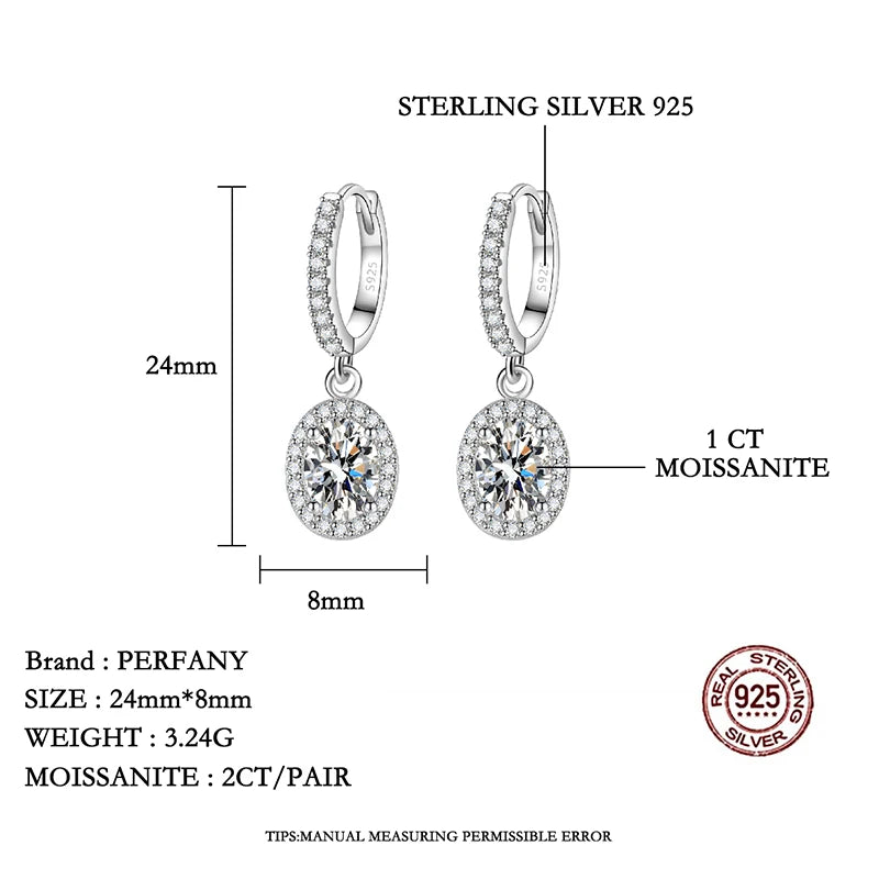 PERFANY 1CT Oval Cut Moissanite Drop Earring Ladies S925 Pure Silver Laboratory Cultivated Diamonds Luxury Wedding Jewelry